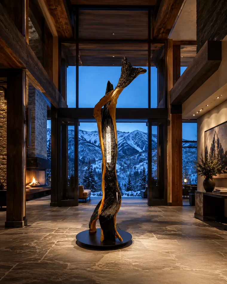 Obsidian Vein — floor lamp of lightning-struck wood